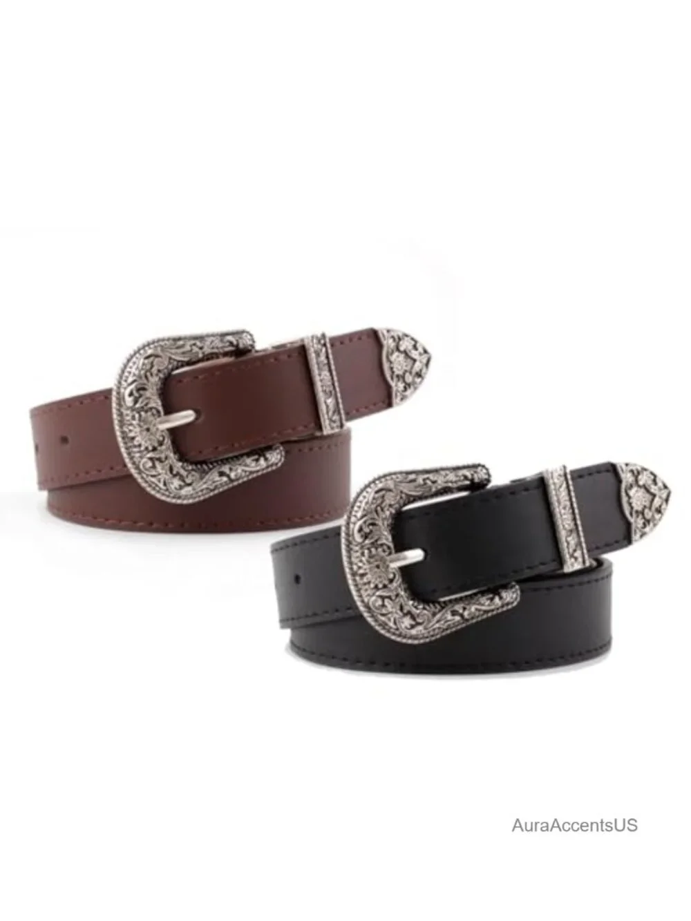 Vintage Faux Leather Belt with Floral Metal Buckle